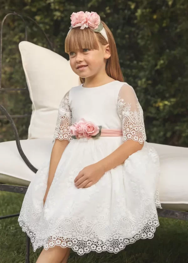 Vestido Tule Bordado Guipure Menina